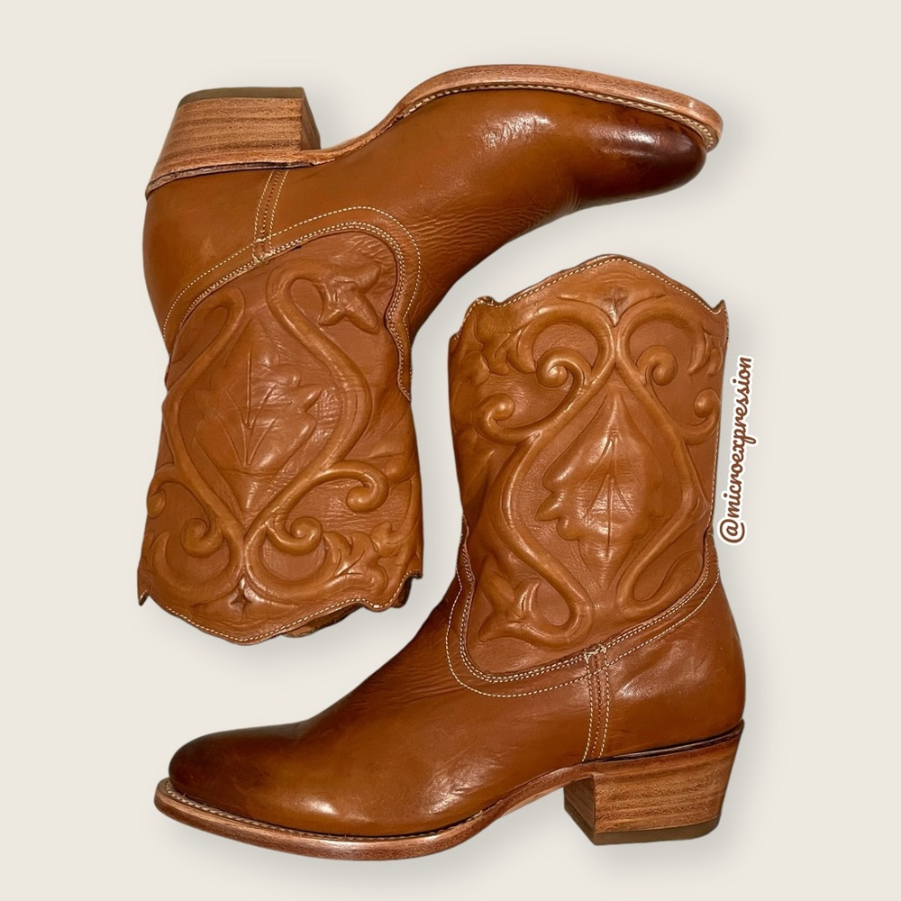 $399 Frye Floral Botanical Leaf Vine Cognac Brown Leather Cowboy Western Boot - Picture 8 of 15
